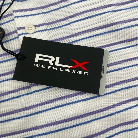 RLX Ralph Lauren Men’s Medium Performance Golf Polo Stripe White purple blue NWT - Picture 8 of 12